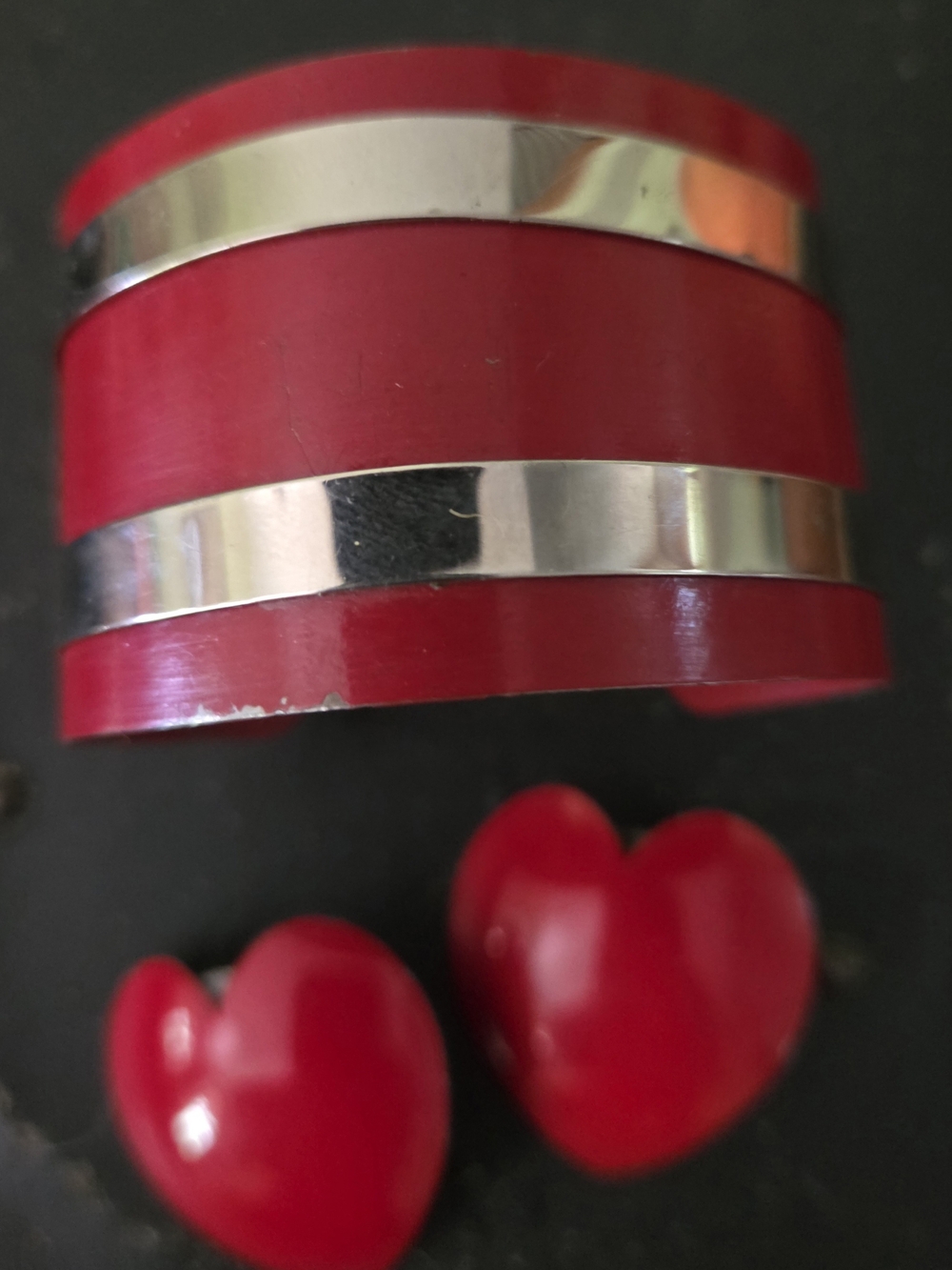 VINTAGE Red Heart Earrings and Red Silver-Trim Cuff Bracelet Set